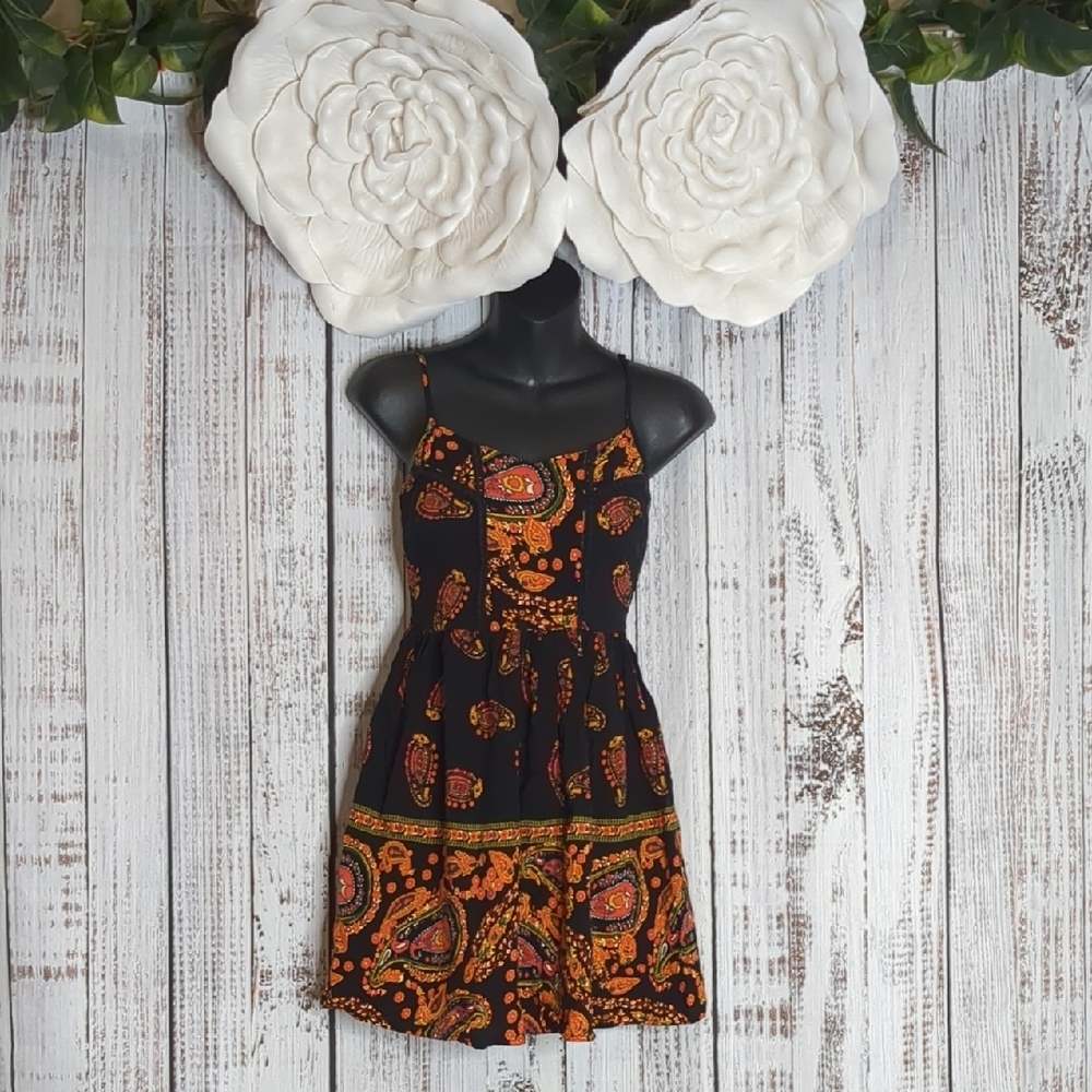 Bohemian Black and Orange Paisley Skater Dress With Sweetheart Neckline